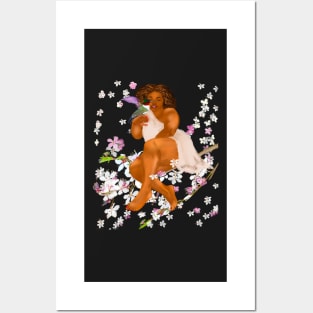 Curvy lady Mother Nature s bounty - Curvy body positive plus size woman with Humming bird  and the First cherry blossoms of spring delicate white  and pink flowers  Flora and fauna foliage Posters and Art